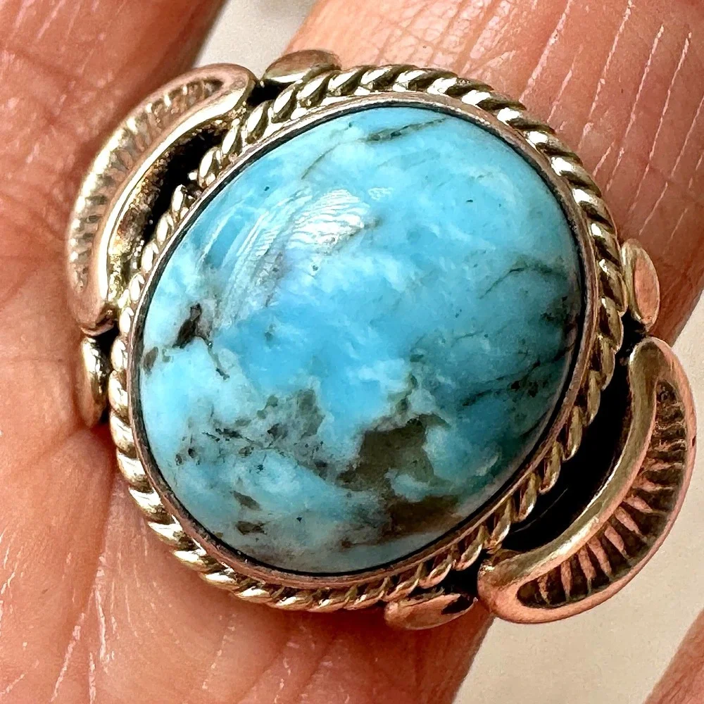 Navajo Mens Band Turquoise Ring Sz 12 Signed AT 19mm Native American Blue‎